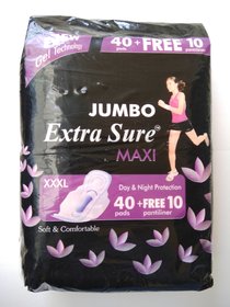 Extra Sure  Maxi Sanitary Pad Jumbo XXXL Full Size Pack of 40 Sanitary Pad + 10 Pantiliner + 25 Wipes
