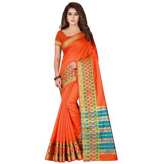 Women's Orange Color Cotton Silk and Poly Silk Art Silk Saree With Blouse