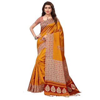 Women's Yellow, Red, Multi Color Poly Silk Saree With Blouse