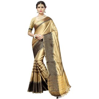 Women's Beige, Golden Color Poly Silk Saree With Blouse