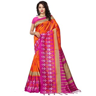 Women's Orange, Pink, Beige Color Poly Silk Saree With Blouse