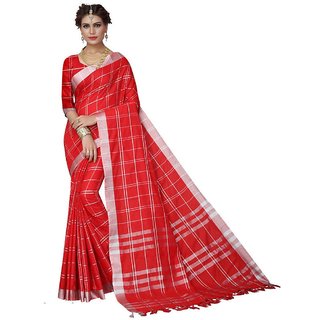 Women's Red Color Poly Linen Saree With Blouse
