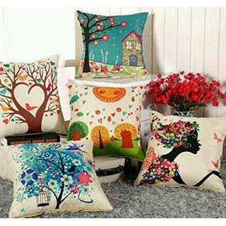 Shakrin Printed Rajasthani Jute Cushion Covers Set of 5, (Size: -16 inch x 16 inch)