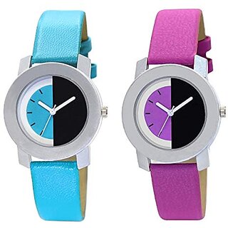 Designer Analogue Pink Blue Dial Womens Girls Combo Watch Leather Str