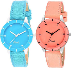 HRV CutGlass Orange and Sky Blue pack of 2 Leather Women Watch