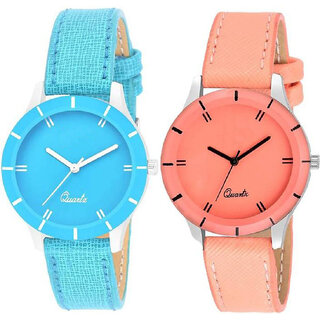                       HRV CutGlass Orange and Sky Blue pack of 2 Leather Women Watch                                              