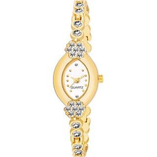                       HRV Oval White Meena Diamond Gold Gift analog Women Watch                                              
