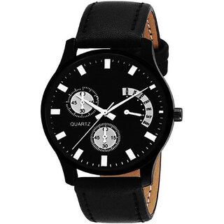 HRV Round Black Leather Strap Watch for Men and Boy 2542