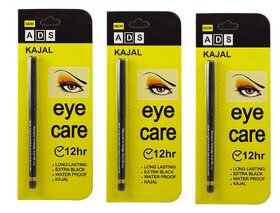 ADS Eye Care Long Lasting Waterproof Extra Black Kajal 12Hr - 3 pcs