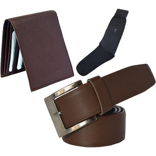 Sunshopping mens brown leatherite needle pin point buckle belt combo with black socks and brown wallet (Pack of three)