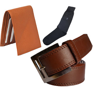 Sunshopping mens brown leatherite needle pin point buckle belt combo with black socks and tan wallet (Pack of three)