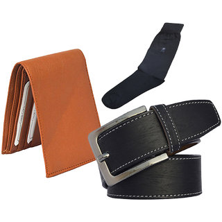 Sunshopping mens black leatherite needle pin point buckle belt combo with black socks and tan wallet (Pack of three)
