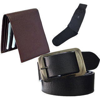 Sunshopping mens black leatherite needle pin point buckle belt combo with black socks and brown wallet (Pack of three)