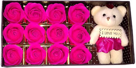 Kartik 12 Scented Rose Flower Bath Soap Gift Box with Doll for Birthday/Wedding / Valentine's Day (Pink)
