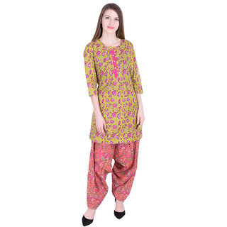 Nascency Cotton Printed Round Neck 3/4 Sleeve Straight Green Casual and Party Wear Women Kurti With Patiala