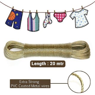BTM 20 meter PVC Coated Steel Anti-Rust Wire Rope Washing Line Clothesline with 2 Plastic Hooks (Multi Color)