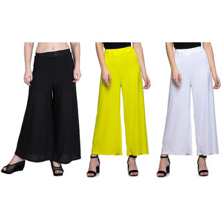 Omikka Women's Stretchy Malia Lycra Wide Leg Palazzo Pants Pack of 3 (Free Size)