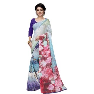 Nirosaa Blue Weightless Georgette Digital Floral Print Designer Saree With Unstitched Blouse Piece