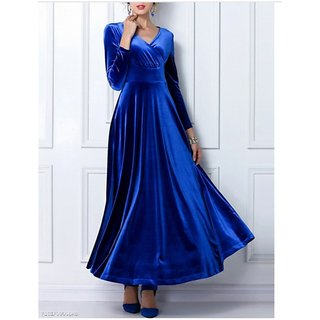 blue velvet v neck dress