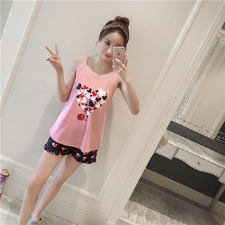 Popmode Pink and Black Cute Heart Women Nightwear Girls Cotton Top and Shorts Night Dress