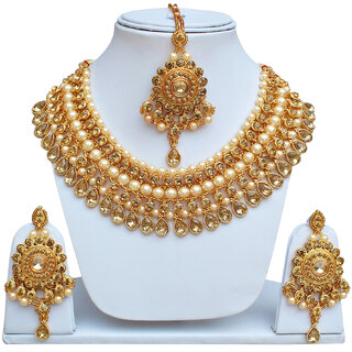                       Lucky Jewellery Designer Golden Color Gold Plated Pearl And Stone Necklace Set For Girls  Women                                              