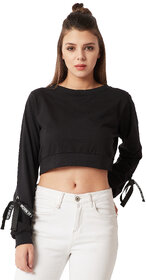 Miss Chase Women's Black Round Neck Full Sleeve Cotton Solid Eyelet And Twill Tape Detailing Tie-Up Oversized Boxy Crop Top