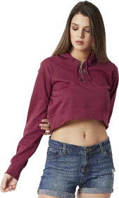 Miss Chase Women's Maroon Solid Round Neck Full Sleeve Hooded Boxy Crop Zippered Sweatshirt