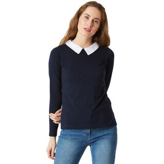                       Miss Chase Women's Navy Blue Collared Round Neck Full Sleeve Cotton Solid Buttoned Top                                              