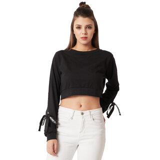                       Miss Chase Women's Black Round Neck Full Sleeve Cotton Solid Eyelet And Twill Tape Detailing Tie-Up Oversized Boxy Crop Top                                              