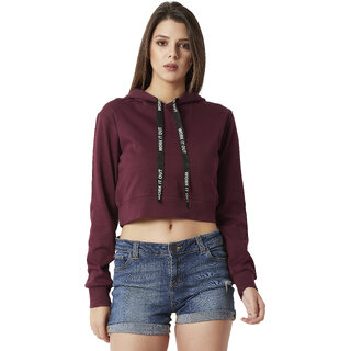 Miss Chase Women's Maroon Solid Round Neck Full Sleeve Hooded Boxy Graphic Twill Tape Detailing Crop Sweatshirt