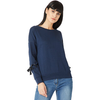Miss Chase Women's Navy Blue Round Neck Full Sleeve Cotton Solid Eyelet And Twill Tape Detailing Tie-Up Drop Shoulder Boxy Sweatshirt