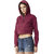Miss Chase Women's Maroon Solid Round Neck Full Sleeve Hooded Boxy Crop Zippered Sweatshirt