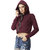 Miss Chase Women's Maroon Solid Round Neck Full Sleeve Hooded Boxy Graphic Twill Tape Detailing Crop Sweatshirt