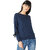 Miss Chase Women's Navy Blue Round Neck Full Sleeve Cotton Solid Eyelet And Twill Tape Detailing Tie-Up Drop Shoulder Boxy Sweatshirt