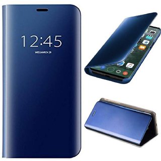 Lenis Luxury Clear View Electroplate Mirror Protective Leather Flip Cover For Vivo Y95 Blue