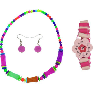 Angel Glitter Pink Flower Watch Like Bracelet Combo Of Watch Like Bracelet and Necklace Set For Kids