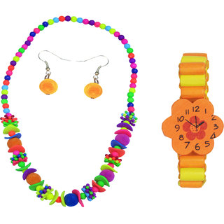 Angel Glitter Blue Flower Watch Like Bracelet Combo Of Watch Like Bracelet and Necklace Set For Kids