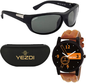 Yezdi Men Black Sports Wrap-Around Uv Protected Sunglasses With Free Wake Wood Watch