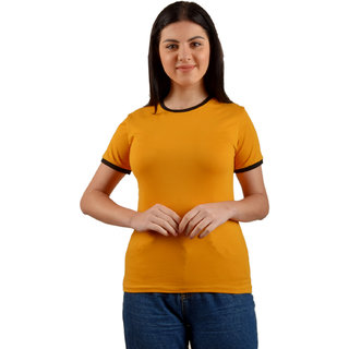 Antares  Women Solid Round Neck Ringer T-Shirt Half Sleevse Mustard