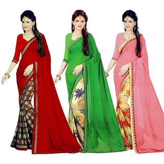 ARU Semi Floral Print Georgette Saree With Blouse Piece- Pack Of 3, Multicolor