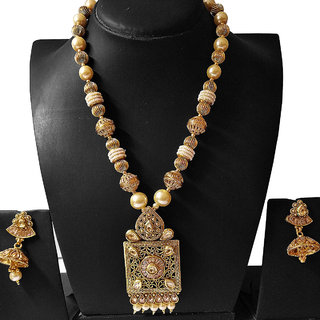 Pearls Rajwada Style Gold Plated Long Beaded Necklace Set for Women