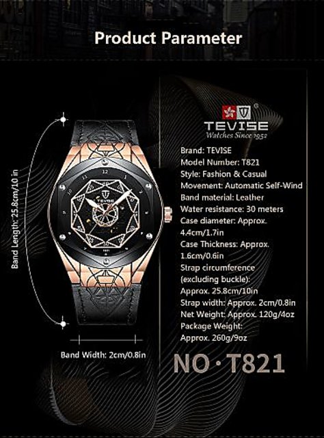 TEVISE Men Watches Automatic Mechanical Skeleton Watch Genuine Leather Band  Luminous Hands 3ATM Waterproof Male Fashion Wristwatch Gold - Walmart.com