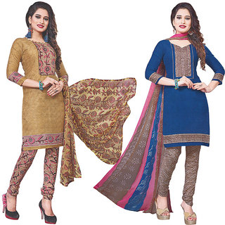 ARU Printed Unstitched Patiala Suit Combo Set - Golden and Navy Blue