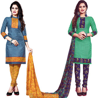 ARU Printed Unstitched Patiala Suit Combo Set - Sea Blue and Green