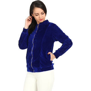 Raabta Fashion Women's Royal Blue Velvet Semi Winter Jacket