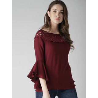 Raabtaa Fashion Casual Plain Maroon Rayon Basic Full Sleeves Top For Women
