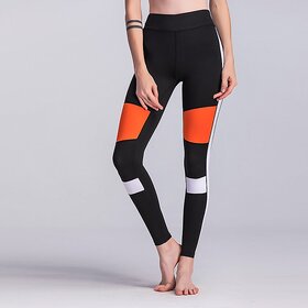 Black Orange White Color Block Stretchable Leggings / Gym Wear /Yoga Wear /Running Wear