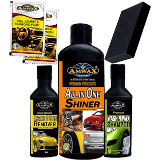 Amwax All In One Polish 250 Ml Wash and Wax 50Ml Scratch Remover 50Ml 2 Pouch Dashboard 10 Ml 1 Sponge For Car and Bike