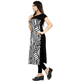 BLANCORA Women's Short Sleeve Self Design Black and White Straight Crepe Kurti