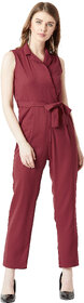 Miss Chase Women's Maroon V-Neck Sleeveless Straight Leg Tie-Up Solid Belted Wrap Jumpsuit